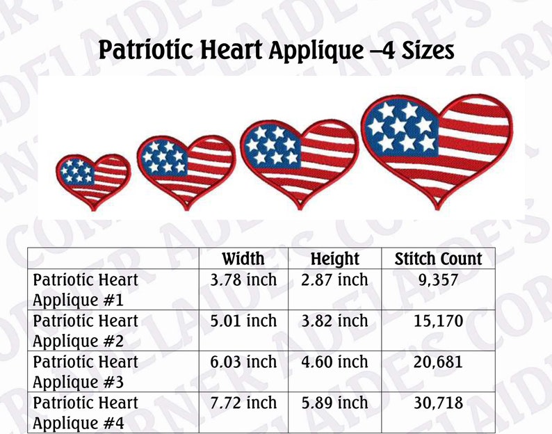 Embroidery design, Patriotic heart applique, 4 size applique, 4th of July, Memorial Day embroidery, machine embroidery design, no fonts image 3