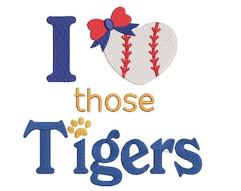 Me encantan esos tigres, diseño de bordado a máquina, béisbol con lazo, descarga digital, diseño deportivo, béisbol de tigre