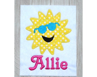 Embroidery design, Sun with sunglasses applique, 3 size machine embroidery, summer, sun, sunglasses, beach, no fonts included, child design