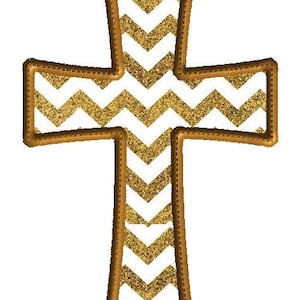 May include: A gold cross with a chevron pattern. The cross is outlined in brown.