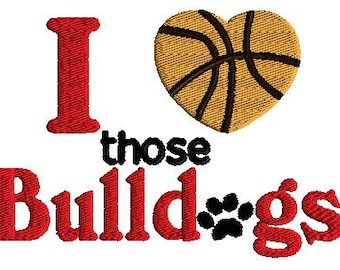 Diseño de bordado de baloncesto, puntada rellena, 3 tamaños, me encantan esos bulldogs, diseño deportivo de bordado a máquina, diseño de bordado deportivo