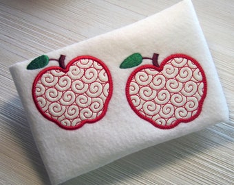 Diseño de bordado de manzana, aplique con espirales, 2 estilos, 7 tamaños cada uno, 14 en total en el archivo, otoño, regreso a clases