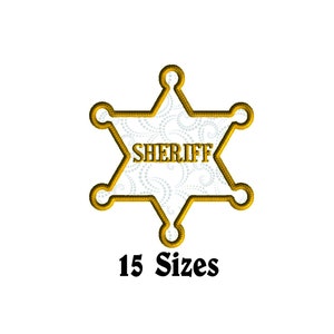 May include: A gold sheriff's star badge with a white background and the word "SHERIFF" in gold letters. The badge is available in 15 sizes.