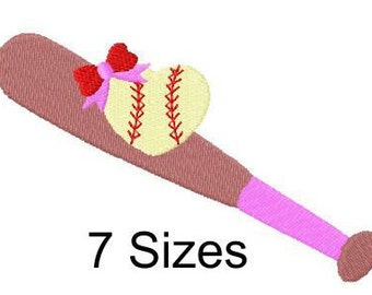 Baseball Bat with softball heart filled stitch design, 7 sizes, baseball heart, baseball bat, softball embroidery design, girls sports