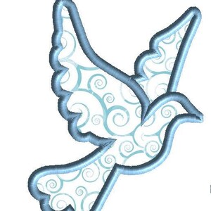 May include: A blue embroidered dove with a white background and a swirling pattern. The dove is flying with its wings spread.