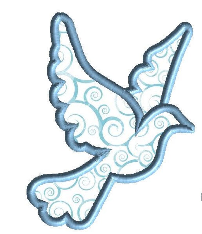 May include: A blue embroidered dove with a white background and a swirling pattern. The dove is flying with its wings spread.