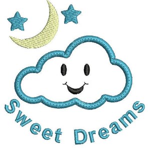 Puede incluir: Una nube azul con una cara sonriente, una luna creciente amarilla y dos estrellas azules. El texto "Sweet Dreams" est&aacute; escrito en azul cursiva debajo de la nube.