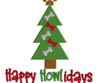 Happy Howlidays dog bone Christmas Tree, Filled Stitch Pet machine embroidery , digital download