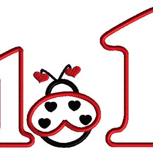 May include: Red and black ladybug design with the number one repeated three times. The ladybugs have hearts on their heads and wings.