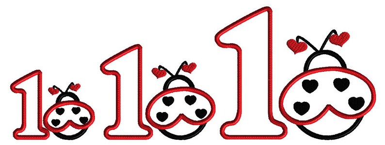 May include: Red and black ladybug design with the number one repeated three times. The ladybugs have hearts on their heads and wings.