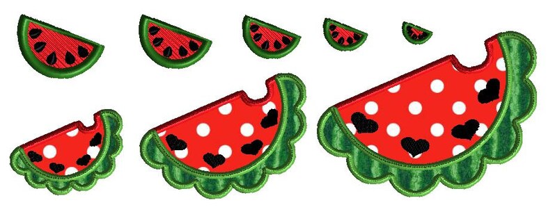 K&ouml;nnte beinhalten: Satz mit sieben Stickmotiven von Wassermelonen. Die Motive zeigen verschiedene Gr&ouml;&szlig;en und Stile von Wassermelonenst&uuml;cken, darunter einige mit Punkten und Herzen.
