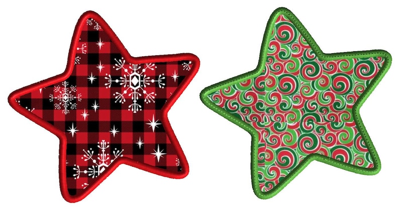 May include: Two red and green star-shaped ornaments with different patterns. One star has a red and black plaid pattern with white snowflakes. The other star has a green and red swirl pattern.
