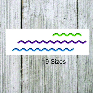May include: Three wavy lines in blue, purple, and green. The lines are layered on top of each other. The text "19 Sizes" is below the lines.