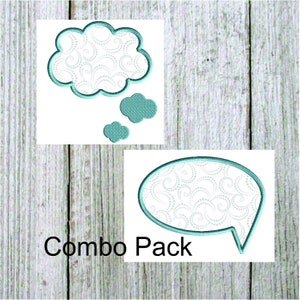 Pode incluir: Um conjunto de designs de bordado digital com duas bolhas de fala com um padrão de espiral. O design é rotulado como "Combo Pack".