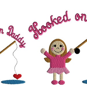 May include: Two illustrations of girls holding fishing rods with hearts on the end of the lines. The text "Hooked on Daddy" is above the girls.