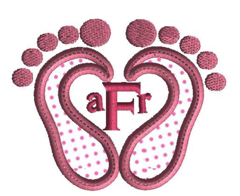 May include: Pink baby footprints forming a heart shape with the letter "F" in the center. The footprints have a white background with pink polka dots.