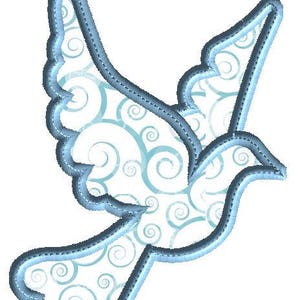 May include: A blue outlined silhouette of a dove with a white background filled with a swirling blue pattern.