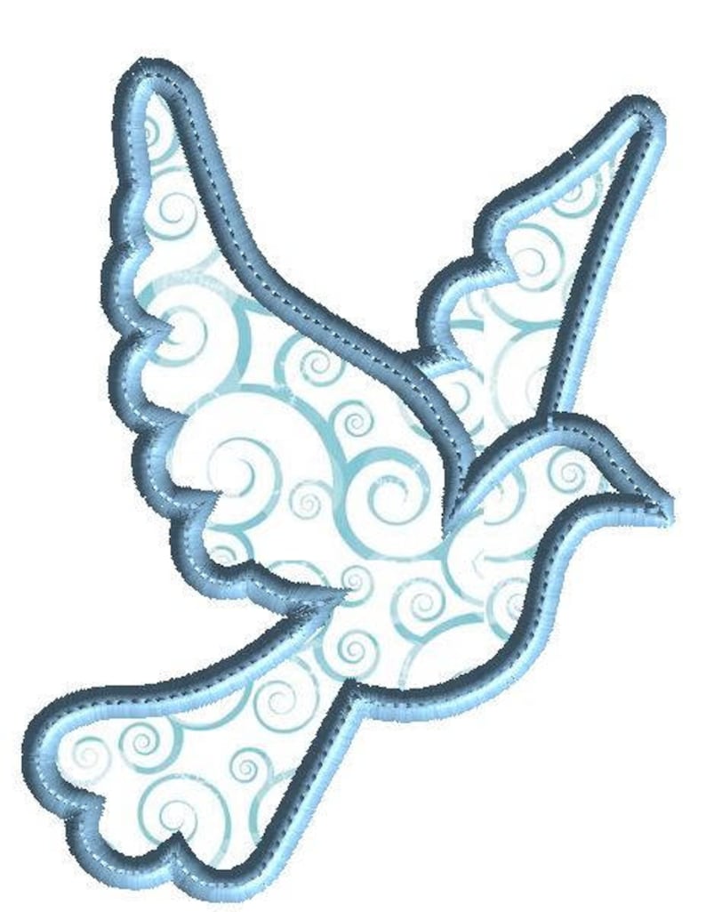May include: A blue outlined silhouette of a dove with a white background filled with a swirling blue pattern.