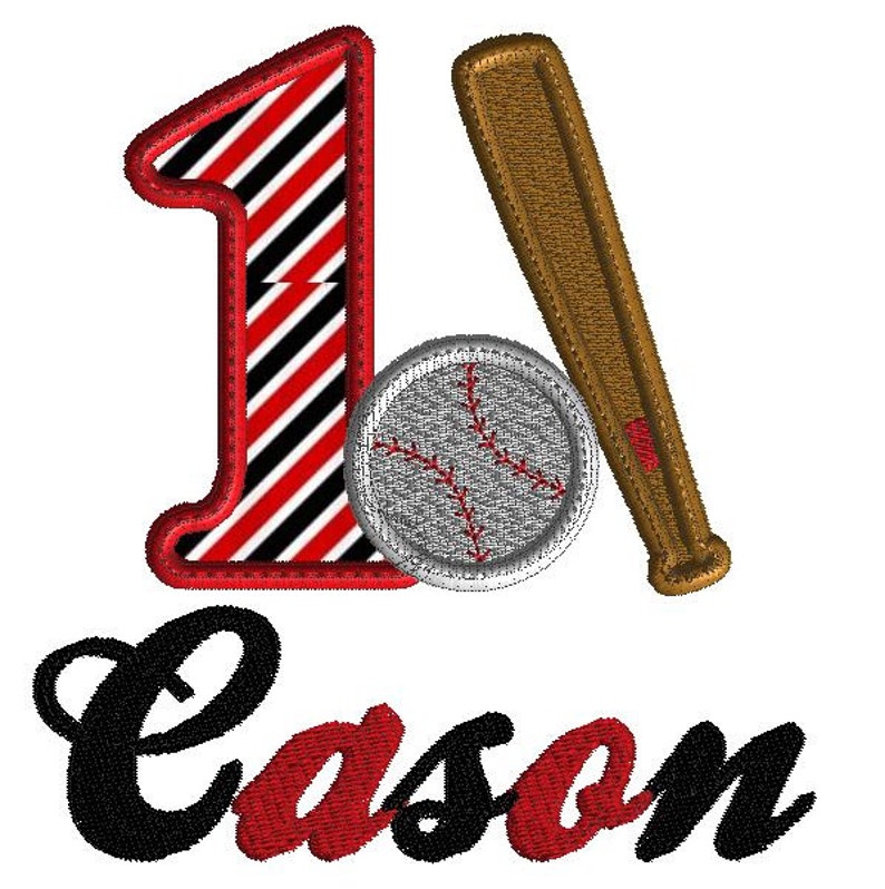 Birthday embroidery, baseball and bat with letter one, baseball applique, 1st birthday design, machine embroidery, 2 sizes, sports birthday image 3