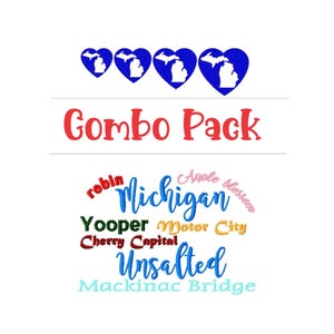 Pode incluir: Um pacote combinado de designs de bordado digital que apresenta o estado de Michigan em forma de coração, com o texto "Combo Pack" acima e várias frases com temática de Michigan abaixo, incluindo "Yooper", "Motor City", "Cherry Capital" e "Mackinac Bridge".