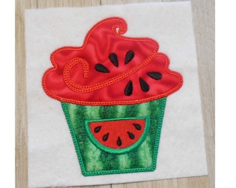 Watermelon cupcake applique, 3 sizes, summer applique, cupcake embroidery design,fits 4 x 4 inch hoop, 5 x 7 inch hoop and 6 x 6 inch hoop