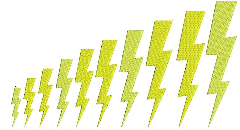 May include: A series of yellow lightning bolt designs, embroidered on a white background. The bolts increase in size from left to right, creating a visual gradient. The embroidery has a textured appearance.