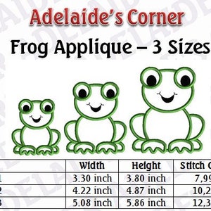 May include: Three different sizes of green frog applique embroidery designs. The designs are 3.30 inches wide by 3.80 inches tall, 4.22 inches wide by 4.87 inches tall, and 5.08 inches wide by 5.86 inches tall. The stitch counts are 7,993, 10,240, and 12,390 respectively.