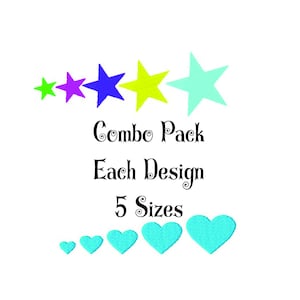 Puede incluir: Un conjunto de cinco diseños de bordado en forma de estrella de colores: verde, morado, azul, amarillo y azul claro. El texto "Combo Pack Each Design 5 Sizes" está debajo de las estrellas. Cinco diseños de bordado en forma de corazón azul claro están debajo del texto.