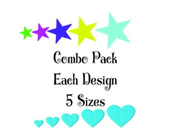 Mini Combo Pack, Mini Star and Mini Heart Machine Embroidery Designs, Each Design is Filled Stitch and Comes in 5 sizes