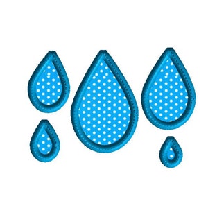 May include: Four blue raindrops with white polka dots. The raindrops are outlined in a darker blue. The largest raindrop is in the center, with two smaller raindrops on either side and one smaller raindrop below.