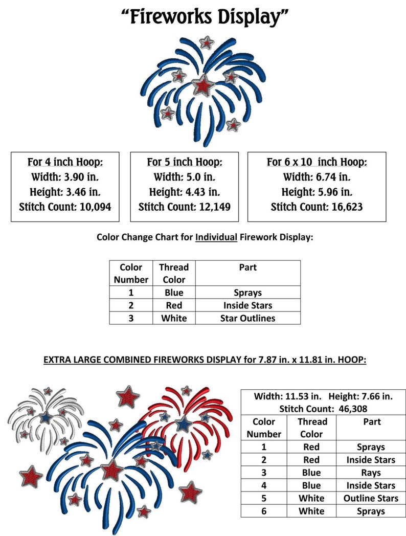 May include: A digital embroidery design for a fireworks display. The design features three fireworks in red, white, and blue, with a stitch count of 46,308. The design is suitable for a 7.87 inch by 11.81 inch hoop.