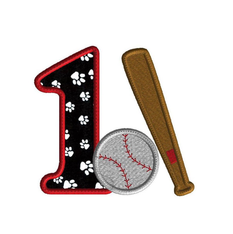 Birthday embroidery, baseball and bat with letter one, baseball applique, 1st birthday design, machine embroidery, 2 sizes, sports birthday image 1