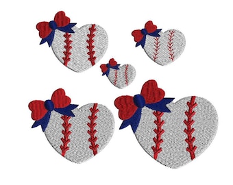 Baseball embroidery design, mini baseball with bows, five sizes, filled stitch, machine embroidery, baseball hearts, team sports, hearts