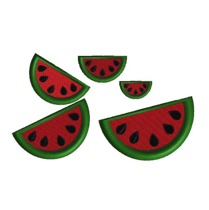 May include: Five watermelon slices of varying sizes, with green rinds and red flesh, are arranged in a scattered pattern on a white background. The watermelon slices have black seeds.