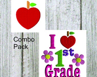 Apple heart, and I love 1st grade combo pack embroidery designs, All filled stitch