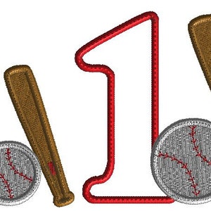 Birthday embroidery, baseball and bat with letter one, baseball applique, 1st birthday design, machine embroidery, 2 sizes, sports birthday image 4