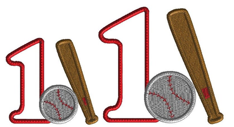 Birthday embroidery, baseball and bat with letter one, baseball applique, 1st birthday design, machine embroidery, 2 sizes, sports birthday image 4