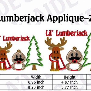 May include: Two embroidery designs of a baby lumberjack with a moose and a Christmas tree. The designs are available in two sizes: 6.96 inches wide by 4.87 inches high and 8.23 inches wide by 5.77 inches high. The stitch counts are 24,179 and 30,106.