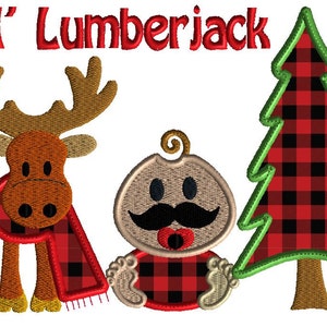 May include: Embroidered design featuring a baby with a mustache and a red and black plaid onesie, a moose with a red and black plaid scarf, and a green Christmas tree with a red and black plaid pattern. The text "Lil' Lumberjack" is above the design.