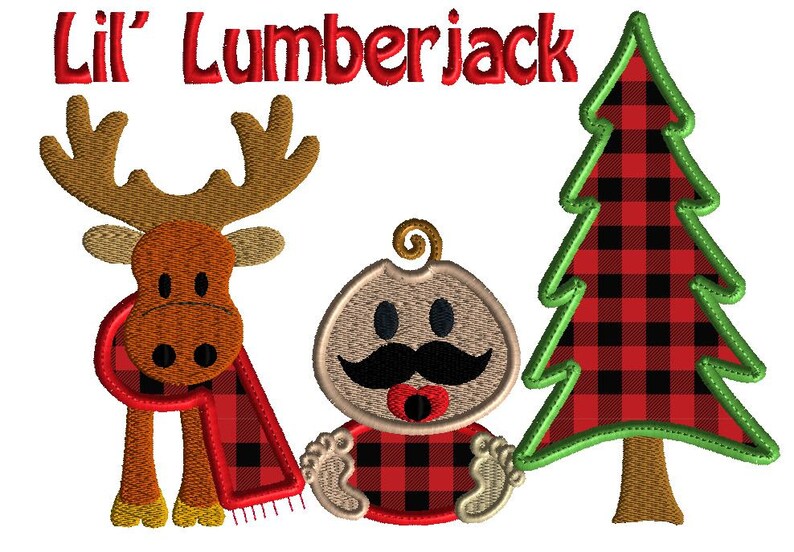 May include: Embroidered design featuring a baby with a mustache and a red and black plaid onesie, a moose with a red and black plaid scarf, and a green Christmas tree with a red and black plaid pattern. The text "Lil' Lumberjack" is above the design.
