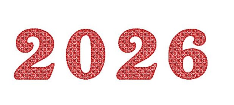 May include: The number "2026" in a red, patterned font against a white background. Each digit is filled with a repeating, diamond-like design, creating a textured appearance. The overall aesthetic is festive and eye-catching.