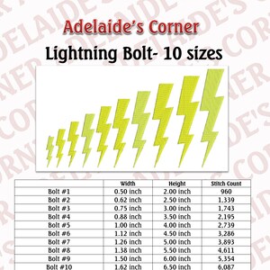 May include: Image features a series of yellow lightning bolt designs in various sizes. The text "Adelaide's Corner" and "Lightning Bolt - 10 sizes" are displayed at the top. A table below lists dimensions in inches and stitch counts.