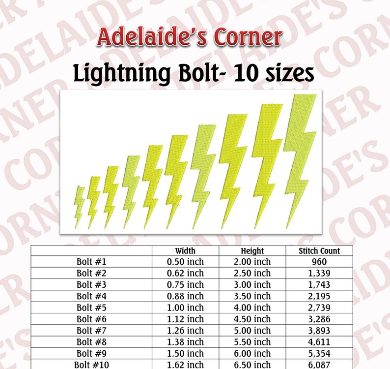 May include: Image features a series of yellow lightning bolt designs in various sizes. The text "Adelaide's Corner" and "Lightning Bolt - 10 sizes" are displayed at the top. A table below lists dimensions in inches and stitch counts.