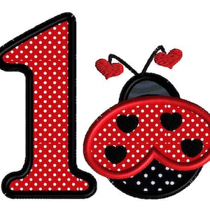 May include: Red and black ladybug with white polka dots and black hearts. The ladybug is next to a red number one with white polka dots.