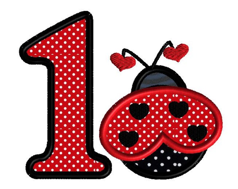 May include: Red and black ladybug with white polka dots and black hearts. The ladybug is next to a red number one with white polka dots.