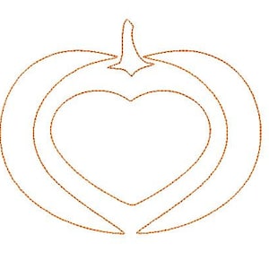 May include: Outline of a pumpkin with a heart shape inside. The pumpkin is orange and the heart is white.