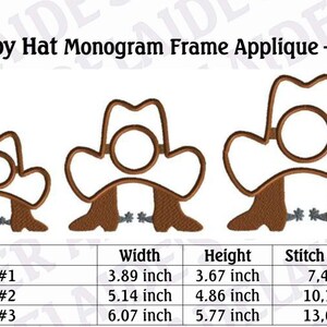 May include: Three sizes of cowboy hat embroidery designs with a monogram frame. The designs are in brown and white and feature a cowboy hat with boots and spurs. The designs are 3.89 inches wide, 5.14 inches wide, and 6.07 inches wide. The stitch counts are 7,406, 10,770, and 13,667.