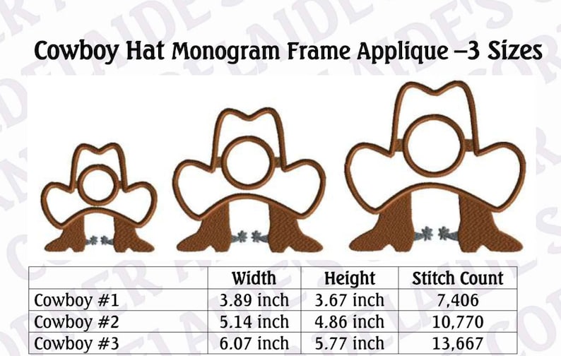 May include: Three sizes of cowboy hat embroidery designs with a monogram frame. The designs are in brown and white and feature a cowboy hat with boots and spurs. The designs are 3.89 inches wide, 5.14 inches wide, and 6.07 inches wide. The stitch counts are 7,406, 10,770, and 13,667.