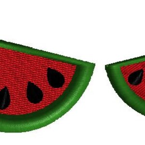 May include: Five watermelon slices of varying sizes, with green rinds and red flesh, are arranged in a row. The watermelon slices have black seeds.