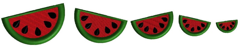May include: Five watermelon slices of varying sizes, with green rinds and red flesh, are arranged in a row. The watermelon slices have black seeds.